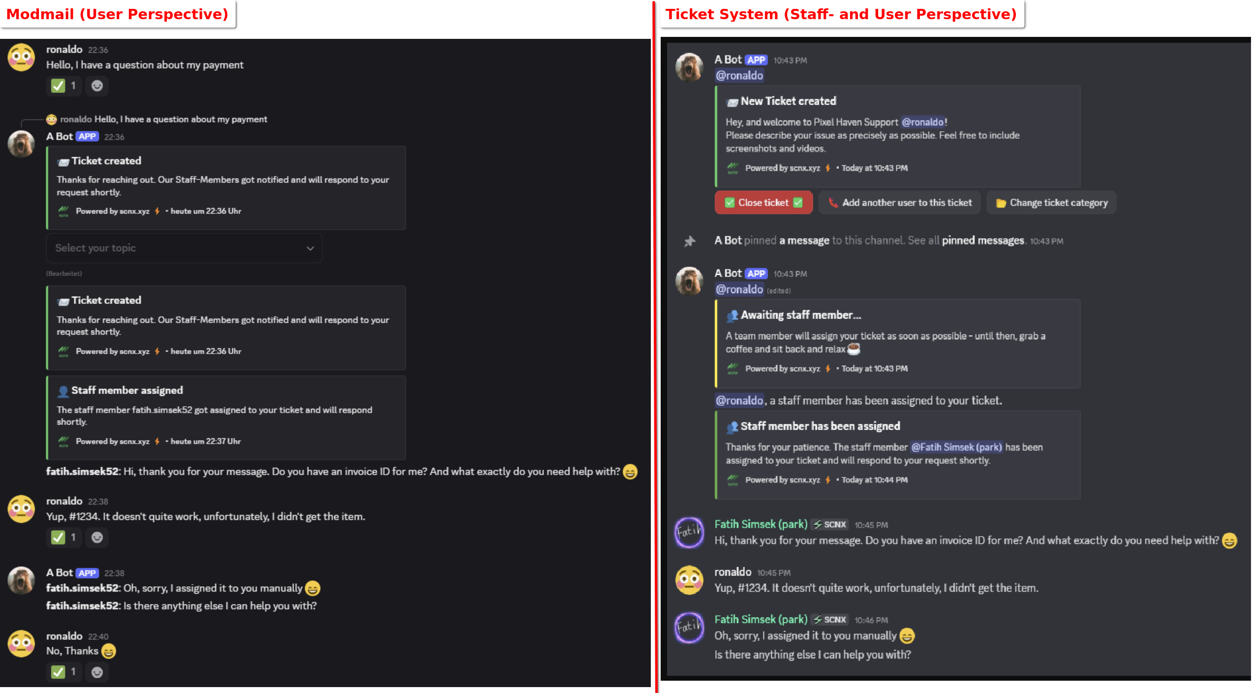 Screenshot che mostra la funzione Modmail a destra dal punto di vista dell&#39;utente e il sistema di ticket a sinistra